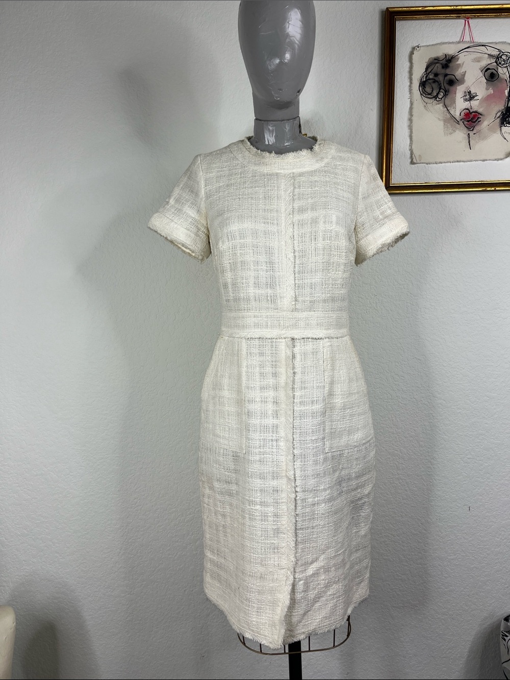 Banana Republic Ivory Tweed Midi Sheath Dress Pockets